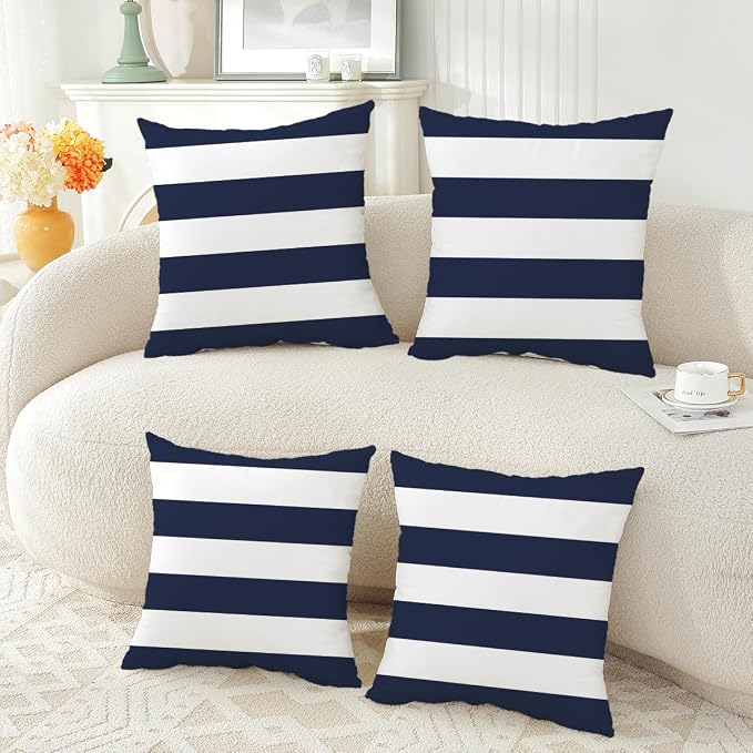TAOSON Navy Blue Striped Outdoor Throw Pillow Covers 18x18 Inch,Set of 4 | White Striped Waterproof Decorative Cushion Cases for Patio, Garden, Balcony & Couch