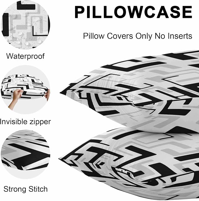 Vandarllin Outdoor Throw Pillows Covers 20x20 inch Set of 2 Waterproof Black Geometric Stripes Decorative Zippered Cushion Covers for Patio Furniture, Modern Abstract Lines Lumbar Pillowcases