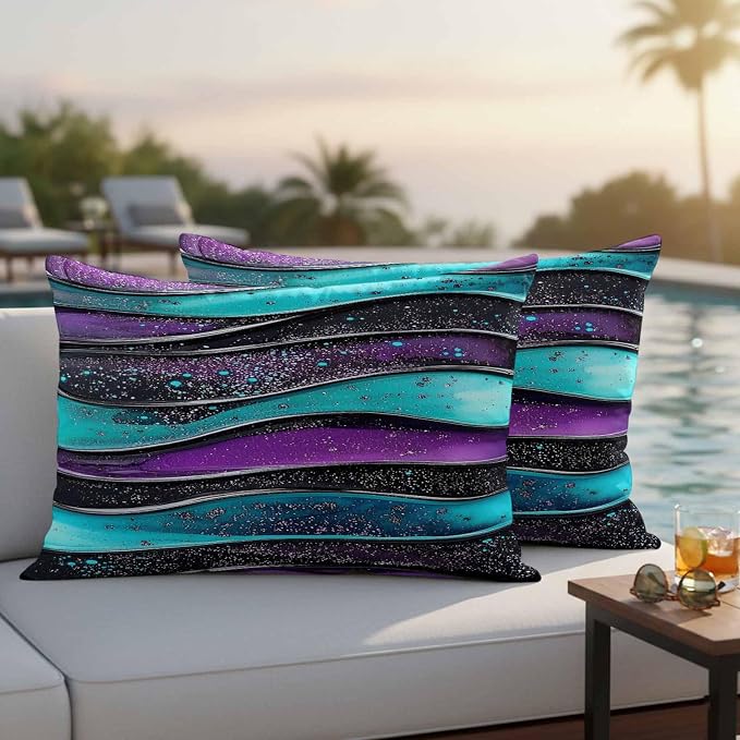 JasmineM Outdoor Pillow Cover 12x20 Inches Set of 2 Abstract Purple Teal Wave Waterproof Throw Pillow Covers Modern Black Strips Decorative Pillowcases Garden Cushion Case for Patio Couch Sofa