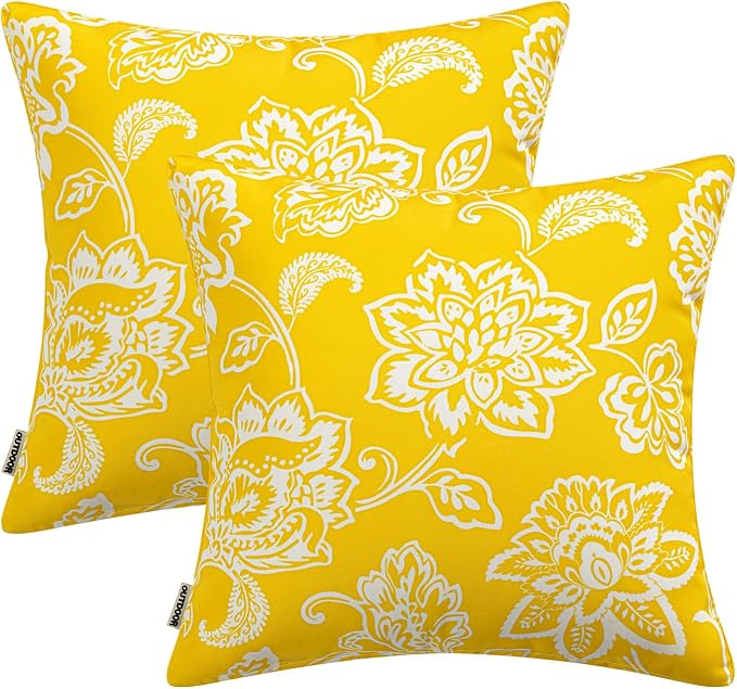 Decorative Outdoor Floral Pillow Covers Set of 2 18x18 Yellow | Waterproof Boho Farmhouse,Decorative Throw Pillow Covers,Summer Coastal Accent Pillowcases,Patio Furniture Garden Sofa