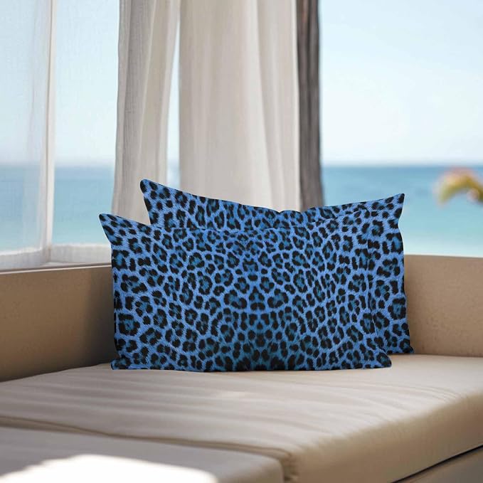 Vandarllin Outdoor Throw Pillows Covers 20x12 inch Set of 2 Waterproof Blue Leopard Print Decorative Zippered Cushion Covers for Patio Furniture, Retro Animal Fur Pattern Lumbar Pillowcases