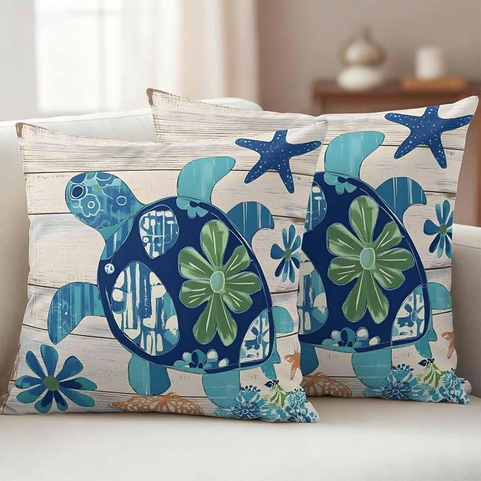 Ocean Turtle Outdoor Waterproof Throw Pillow Covers Set of 2, 26"x26", Sea Animals Rustic Wooden Board Decorative Pillow Covers Outside Cushion Case for Patio Porch Garden