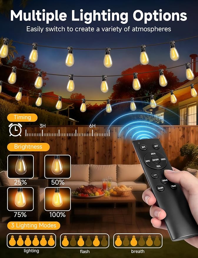 Likesky 50FT LED Outdoor String Lighats with Remote Waterproof Patio Lights with Shatterproof S11 Bulbs, Dimmable Outside Hanging Light Connectable for Porch Backyard Yard Garden Decor 2700K