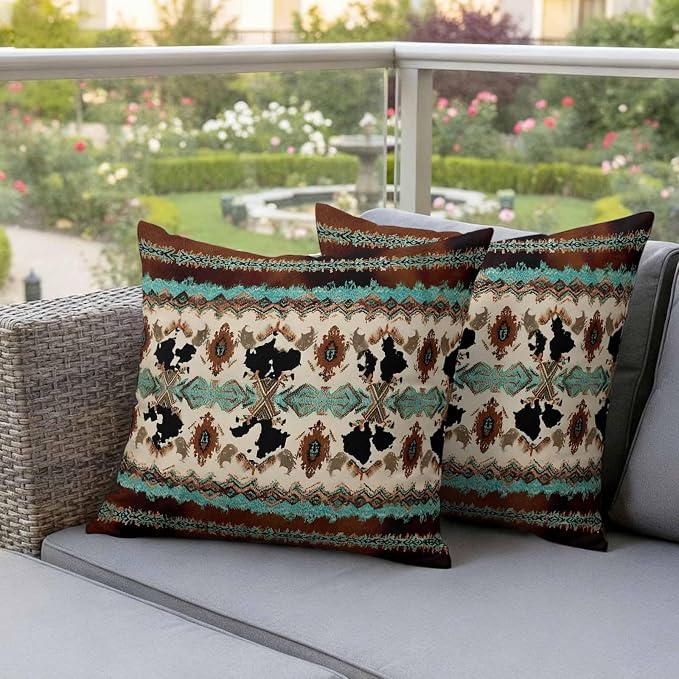 Boho Cowhide Outdoor Pillow Covers 20"x20" Set of 2, Western Aztec Tribal Green Brown Cow Texture Waterproof Throw Pillow Covers for Patio Furniture, Decorative Cushion Covers for Porch