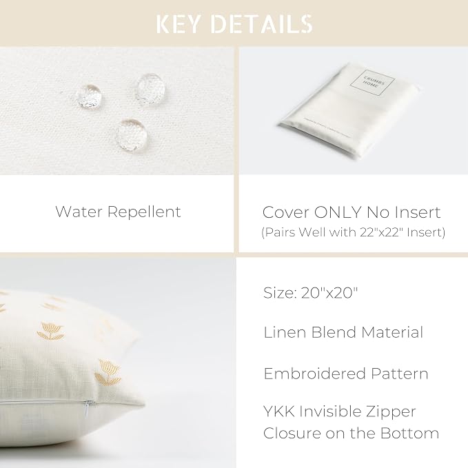 Modern Farmhouse Fall Linen Indoor Outdoor Throw Pillow Cover Only, 20"x20" Water Repellent for Patio, Backyard, Couch, Neutral Ivory Cream Floral