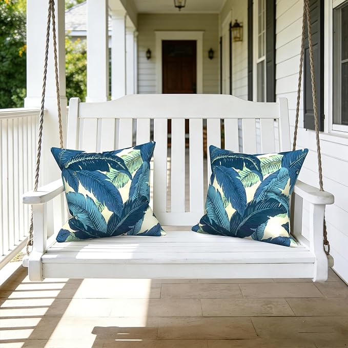 LVTXIII Outdoor Throw Pillows, Decorative Throw Pillows with Inserts, 20"x20" Square Pillows for Bed, Couch, Sofa and Patio Furniture, Set of 2, Swaying Palms Blue