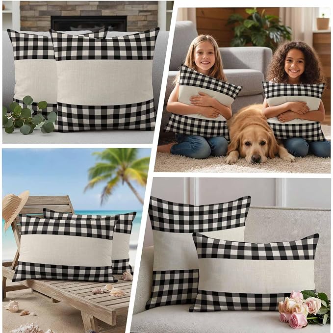 Retro Black Outdoor Waterproof Pillow Covers, Farmhouse Buffalo Plaid Vintage Beige Decorative Square Throw Pillowcase Sofa Cushion Sham for Patio/Couch/Chair, 26"x26" 2 Pack