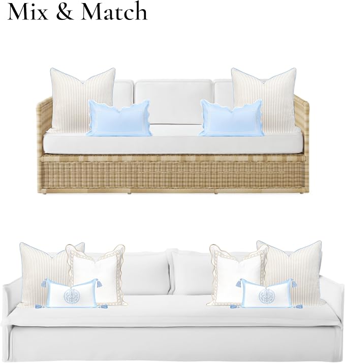 Hofdeco Premium Coastal Hampton Patio Indoor Outdoor Throw Pillow Cover Only, 20"x20" Water Repellent for Backyard, Couch, Poolside, Neutral Tan Blue Print Stripes