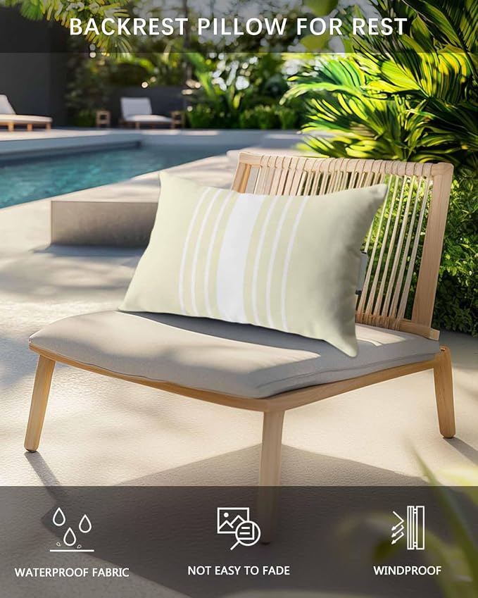 Pack of 2 Outdoor Lumbar Pillow Covers 11x16 Inch, Cream White Stripe Waterproof Throw Pillow Covers Set, Modern Rustic Vertical Striped Indoor&Outdoor Decorative Cushion Cases for Patio Porch Beach