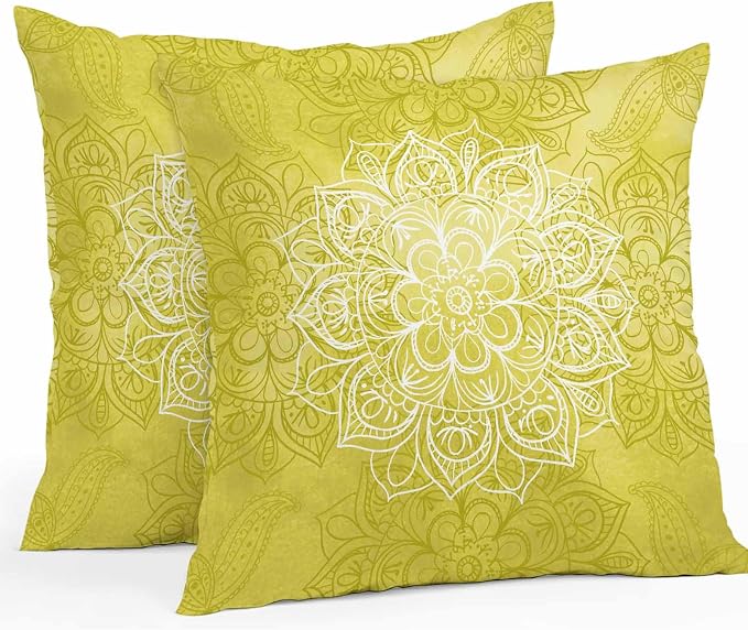 Vandarllin Outdoor Throw Pillows Covers 18x18 inch Set of 2 Waterproof Yellow Boho Floral Decorative Zippered Cushion Covers for Patio Furniture, Bohemian Flower Lumbar Pillowcases