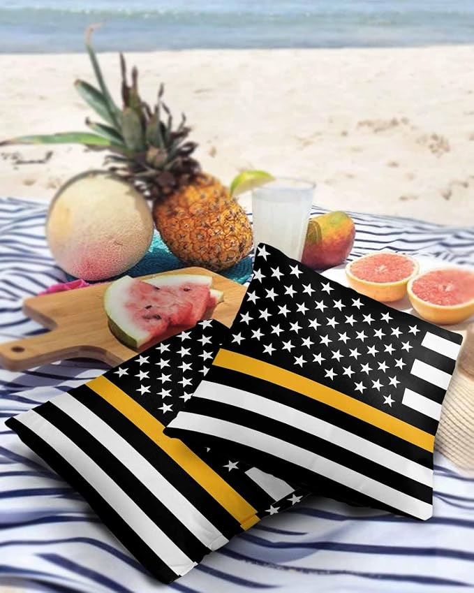 Outdoor Waterproof Pillow Covers Set of 2, Thin Gold Line Dispatchers Dispatch Communications Officer American Flag Patio Throw Pillow Covers, Decorative Cushion Case for Sofa Furniture, 24x24 Inch