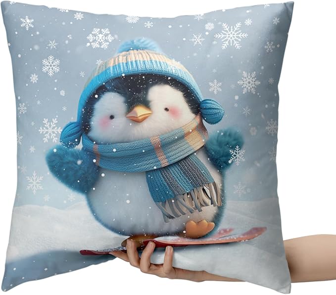 Winter Pillow Covers 20x20 Set of 2 Adorable Skiing Penguins Throw Pillow Covers Snowflakes Pillow Case Double Sided Printing Cushion Case for Home Decor Couch Sofa