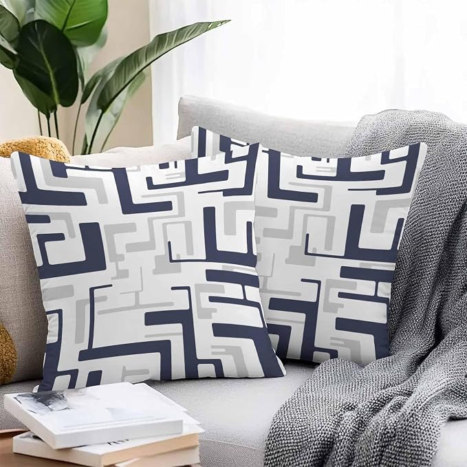 Vandarllin Outdoor Throw Pillows Covers 16x16 inch Set of 2 Waterproof Navy Blue Geometric Stripes Decorative Zippered Cushion Covers for Patio Furniture, Modern Abstract Lines Lumbar Pillowcases