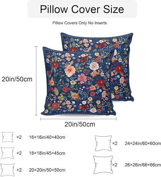 Vandarllin Outdoor Throw Pillows Covers 24x24 inch Set of 2 Waterproof Navy Blue Floral Decorative Zippered Cushion Covers for Patio Furniture, Farmhouse Vintage Flower Lumbar Pillowcases