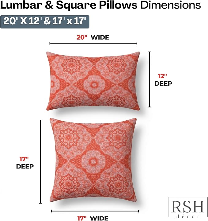 RSH DECOR: Outdura Lumbar & Square Pillows Set of 4 | 20" x 12" & 17" x 17" | Water and Fade-Resistant Fabric | Outdoor Throw Pillows for Patio Furniture | Made in USA (Ayorline Flamin)
