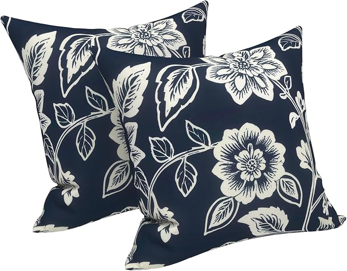 LVTXIII 2 Pack Outdoor Pillows 18x18 Inch, Square Throw Pillows with Inserts, Decorative Water-Repellent Pillow Cushions for Patio Furniture and Garden Sofa, Elegant Vines Navy