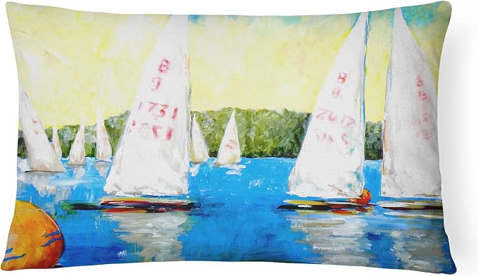 Caroline's Treasures MW1094PW1216 Sailboats Round The Mark Canvas Fabric Decorative Pillow Machine Washable, Indoor Outdoor Decorative Pillow for Couch, Bed or Patio, 12HX16W