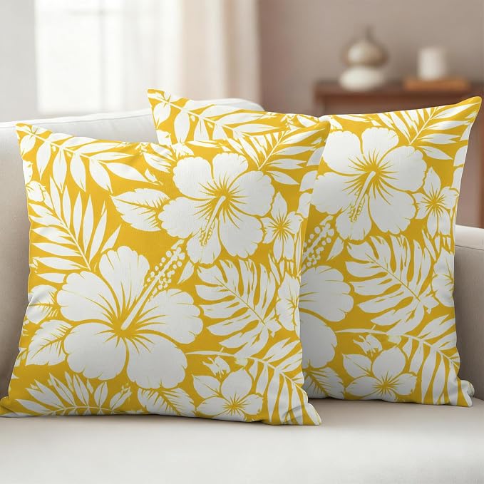Yellow Hibiscus Flowers Waterproof Outdoor Pillow Covers Set of 2 Home Decor, Tropical Monstera Leaves Pillowcase Patio Pillow Covers for Couch Bench Patio Furniture Garden 18x18in