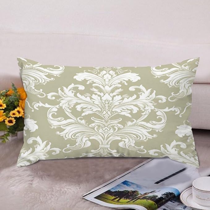 Set of 2 Tan Off Green White Damask Pattern Print Decorative Throw Pillow Covers 12x20in Farmhouse Rectangle Accent Pillow Cases Cushion Cover Cases for Sofa Chair Bedroom Home Decor