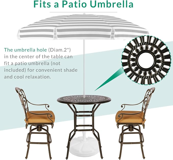 VIVIJASON 35.4" Patio Height Bar Table, All-Weather Cast Aluminum Bar Bistro Table Outdoor Patio Round Dining Table with Umbrella Hole for Balcony, Lawn, Garden, Backyard, Antique Bronze