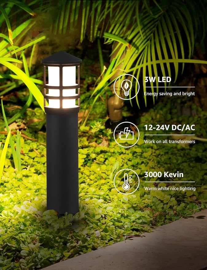 SUNVIE 4-Pack Low Voltage Pathway Lights 3W 3000K 12-24V LED Landscape Bollard Path Lights with Connectors CRI 90+ Aluminum Outdoor Landscape Lighting for Walkway Yard Garden, ETL Listed Cord | IP65 Waterproof, 3000K Warm White, 12-24V AC/DC, Aluminum,...