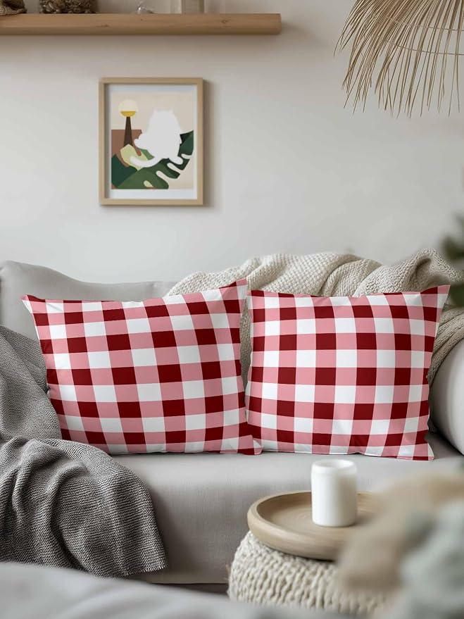Waterproof Outdoor Pillow 1 Pack Red Check Buffalo Plaid Decorative Throw Pillows Cover & Insert 18x18 Inch Pillowcase Check Lines Square Pillows for Couch Sofa Bed Patio Furniture Indoor Outdoor