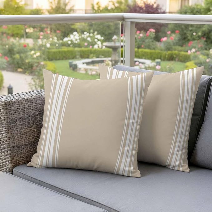 Outdoor Pillow Covers 20x20 Set of 2 Khaki Stripes Outdoor Pillows Waterproof Throw Pillow Covers French Stripe Farmhouse Style Pillowcases Decorative Case for Patio Cushion