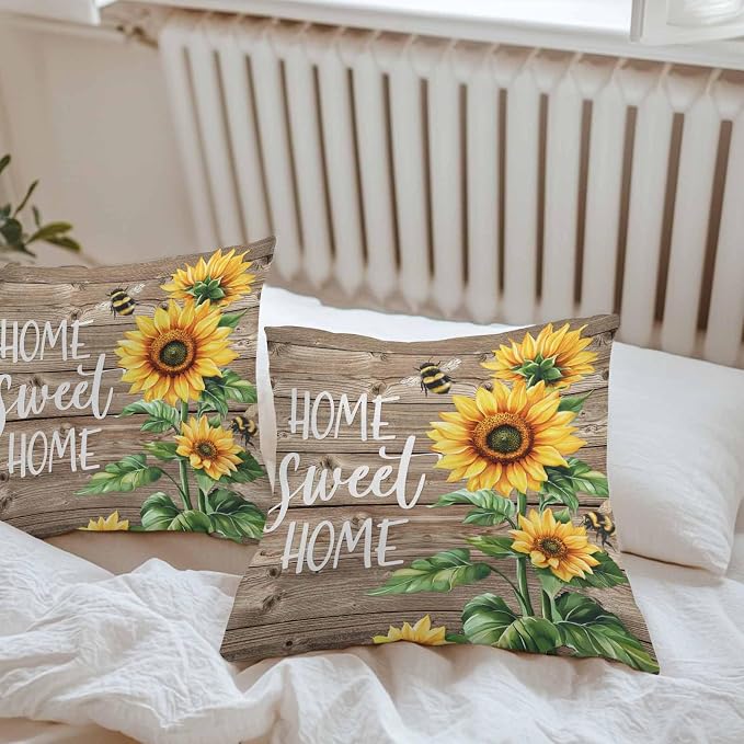 Throw Pillow Covers 26x26 Inch Set of 2, Sunflower Brown Waterproof Outdoor Pillow Covers, Farmhouse Bee Country Wooden Grain Decorative Cushion Pillowcases for Couch, Sofa, Bed, Garden, Patio