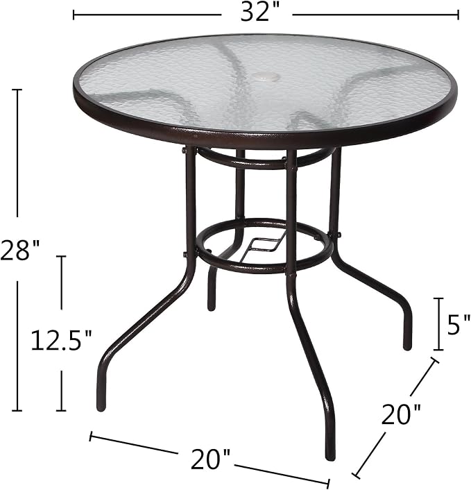 Cloud Mountain 32" Outdoor Dining Table Patio Tempered Glass Table Patio Bistro Table Top Umbrella Stand Round Table Deck Garden Home Furniture Table, Dark Chocolate