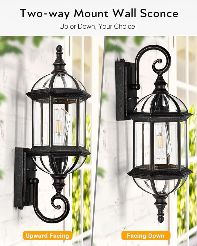 VIANIS 22" Large Dusk to Dawn Outdoor Lighting, Oil Rubbed Bronze Outdoor Wall Lights, Porch Lights Outdoor with Tempered Beveled Glass, Waterproof Exterior Lighting Fixtures, Classic Type