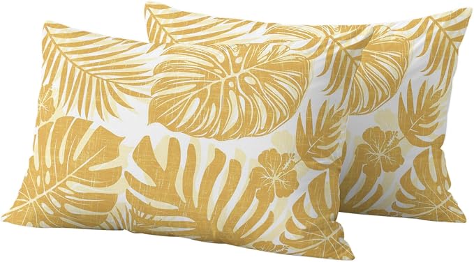 Yellow Palm Leaves Outdoor Pillow Covers 20"x12" Set of 2, Tropical Botanical Minimalist Modern Waterproof Throw Pillow Covers for Patio Furniture, Decorative Cushion Covers for Porch