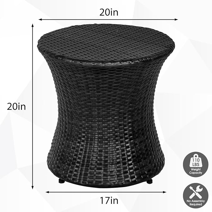 Sundale Outdoor Small Side Table Patio Rattan End Table 20 Inch Hourglass Wicker Accent Tables Steel Frame Lightweight Black