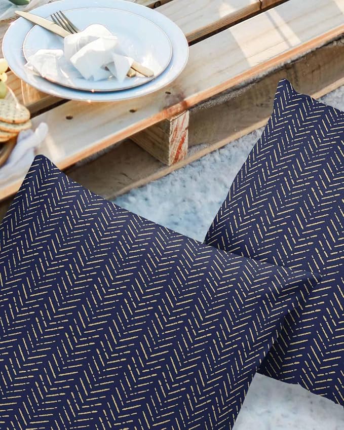 Navy Blue Gold Striped Outdoor Pillow Covers Waterproof,All Weather Cushion Case Set of 2 Decorative Pillowcases for Sofa Couch Bed Decor Patio Furniture 20"x20" Contemporary Minimalist Boho Geometric
