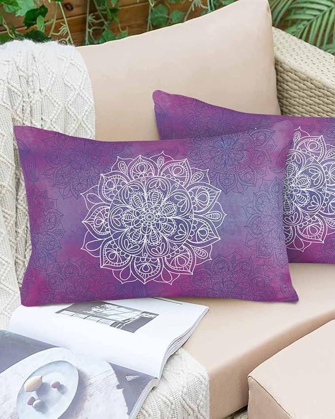 Outdoor Waterproof Throw Pillows Indian Mandala on Purple Patio Pillows Pack of 1,Decorative Pillow Covers with Insert,Pillow Cushion Case for Indoor Garden Couch Sofa Retro Flower Watercolor Art