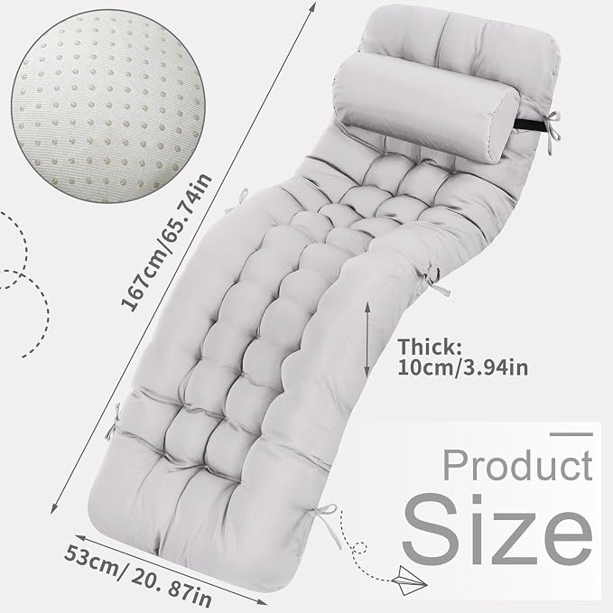 Tudomro Outdoor Chaise Lounge Cushion 66x21x4'' Waterproof & Fade-Resistant Patio Pool Chaise Lounge Cushion Headrest Pillow Tie Replacement Rocking High Back Chair(Light Gray,Set of 2)