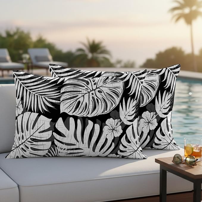 Black Palm Leaves Outdoor Pillow Covers 20"x12" Set of 2, Tropical Botanical Minimalist Modern Waterproof Throw Pillow Covers for Patio Furniture, Decorative Cushion Covers for Porch