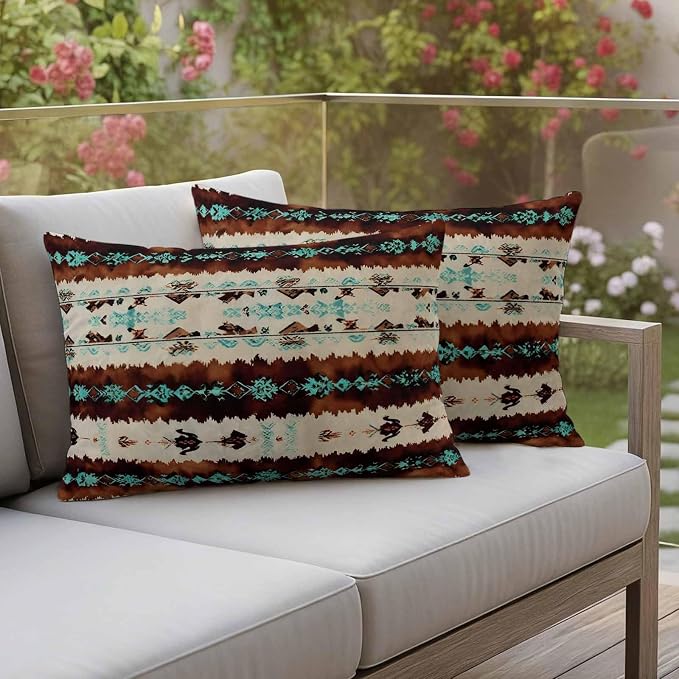 Western Aztec Outdoor Pillow Covers 20"x12" Set of 2, Brown Turquoise Tribal Ethnic Geometric Waterproof Throw Pillow Covers for Patio Furniture, Decorative Cushion Covers for Porch