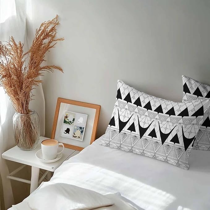 Lumbar Pillow Covers 20x12 Inch Set of 2, Black White Geometric Waterproof Outdoor Pillow Covers, Vintage Art Striped Decorative Cushion Pillowcases for Couch, Sofa, Bed, Garden, Patio
