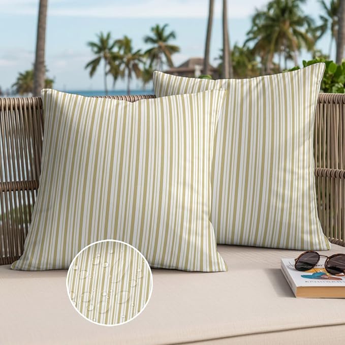 Yellow Vertical Stripes Waterproof Outdoor Pillow Covers Set of 2 Home Decor, Boho Pinstripes Apricot Lines Lumbar Pillowcase Patio Pillow Covers for Couch Bench Patio Furniture Garden 20x20in