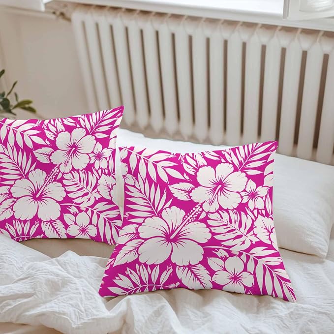 Pink Hibiscus Flowers Waterproof Outdoor Pillow Covers Set of 2 Home Decor, Tropical Monstera Leaves Pillowcase Patio Pillow Covers for Couch Bench Patio Furniture Garden 24x24in