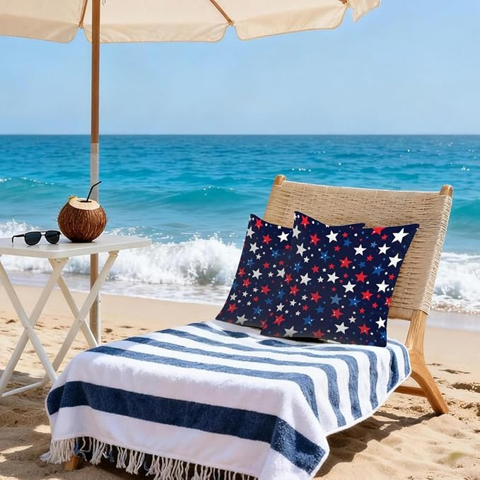 16x16 Inch Outdoor Pillow Covers Set of 2 Waterproof Throw Pillow Covers Decorative Couch Cushion Covers White Blue Red Stars Square Pillowcases Protectors for Patio Garden Sofa