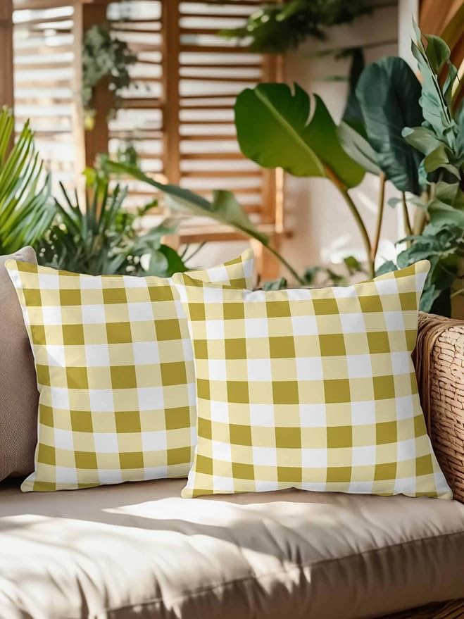 Waterproof Outdoor Pillow Set of 2 Buffalo Plaid Decorative Throw Pillows Cover & Insert 18x18 Inch Pillowcase Yellow Check Lines Square Pillows for Couch Sofa Bed Patio Furniture Indoor Outdoor