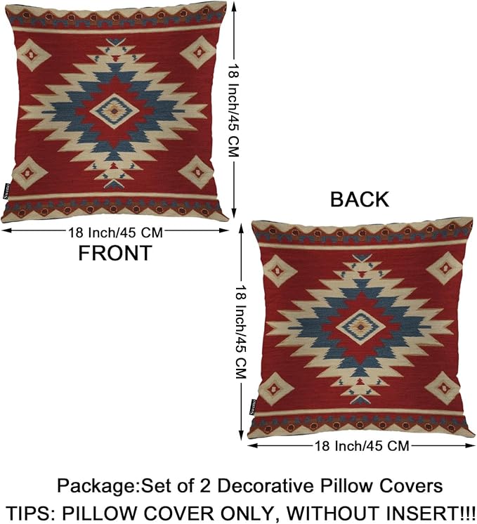 Swono Aztec Pattern Set of 2 Throw Pillow Covers Ikat American Navajo Style Chevron Red 18x18 Inches Pillow Cases Standard Cushion Cover Square Pillowcases for Men Women Decorative Home Bed Sofa