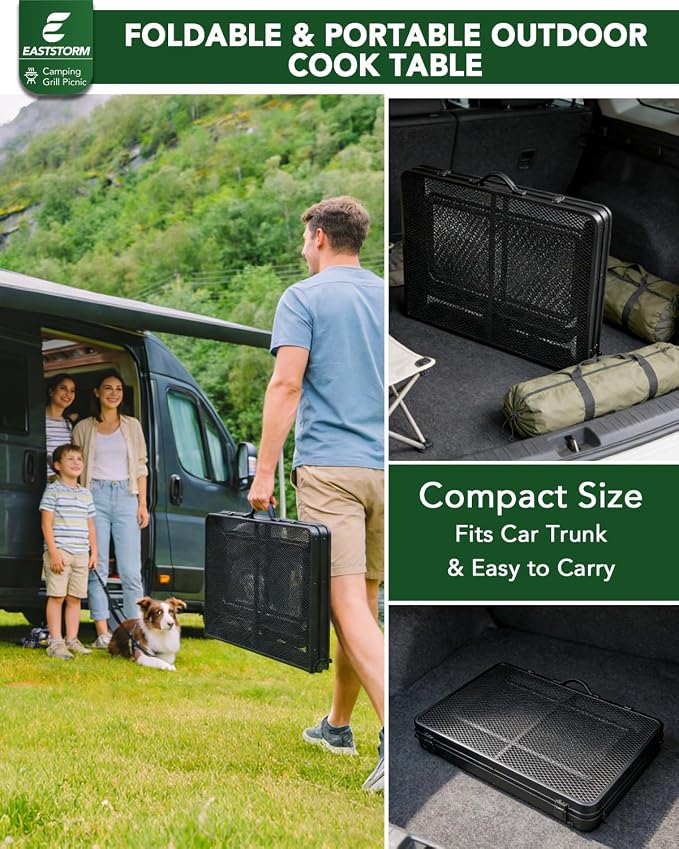 3ft Folding Camping Table with Wing Panels, Metal Mesh Grill Table,2 Adjustable Heights,Folding Table with Storage Net, Paper Towel Holder, Hooks, Trash Bag Rack, for Picnic,Camping,BBQ,Beach(Black)