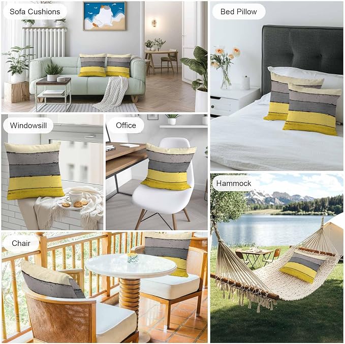 Outdoor Throw Pillow Covers 26X26 Set of 2 Waterproof Ombre Lemon Yellow and Gray Decorative Zippered Cushion Covers for Patio Furniture, Farmhouse Retro Rustic Barn Wood Texture Lumbar Pillowcases