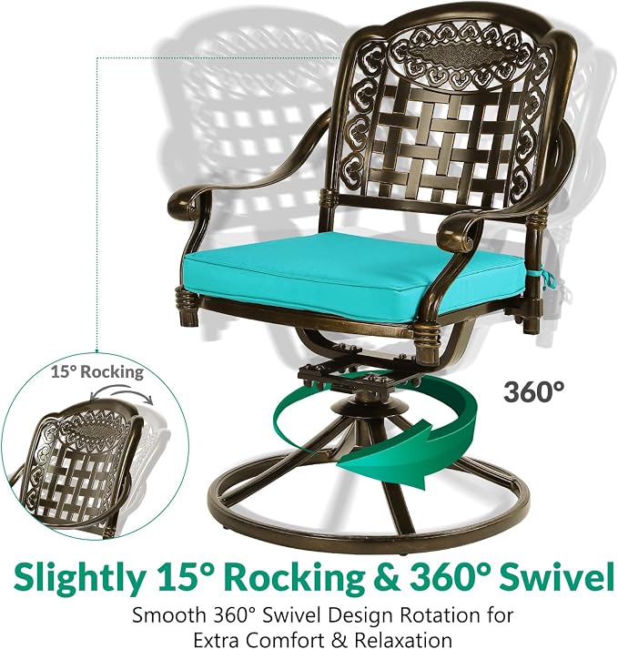 VIVIJASON 9-Piece Outdoor Dining Set, Cast Aluminum Patio Table & Chair Furniture Set for 8, Include 64" Square Dining Table, 4 Swivel Rocker Chairs, 4 Stationary Chairs, Umbrella Hole, Ocean Blue