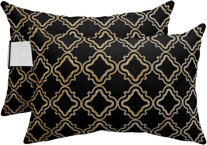 Outdoor Pillows Waterproof Covers Set of 2, Geometric Lines Adjustable Elastic Chaise Lounge Head Resting Pillows, Luxury Black Golden Lumbar Pillow for Pool Beach Patio Furniture 20x12 Inch