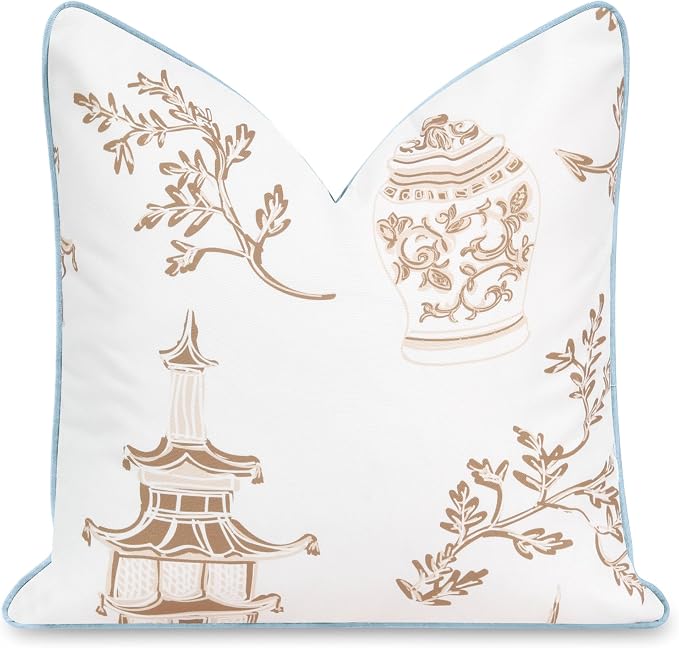 Hofdeco Premium Coastal Patio Indoor Outdoor Throw Pillow Cover Only, 20"x20" Water Repellent for Backyard, Couch, Baby Blue Tan Chinoiserie with Piping