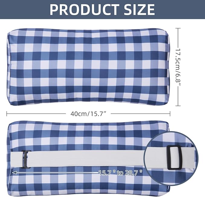 Outdoor Pillow for Chaise Lounge Chair, Plaid Oudoor Patio Pillow with Insert Adjustable Elastic Strap for Recliner Beach Pool Patio Chairs, 2 Pcs Blue and White