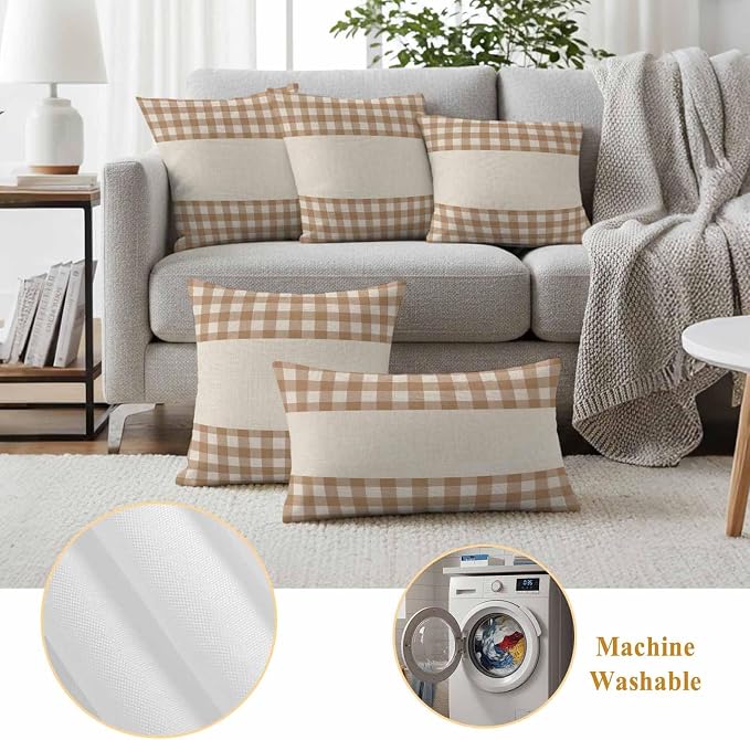 Retro Brown Outdoor Waterproof Pillow Covers, Farmhouse Buffalo Plaid Vintage Beige Decorative Square Throw Pillowcase Sofa Cushion Sham for Patio/Couch/Chair, 16"x16" 2 Pack
